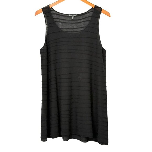 Eileen Fisher System Black Cotton Tank Top Tunic A-Line Ribbed Gauzy Mesh Size L - Picture 7 of 7